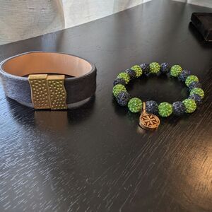 Rustic Cuff Navy, Gold and Green Bracelet Set
